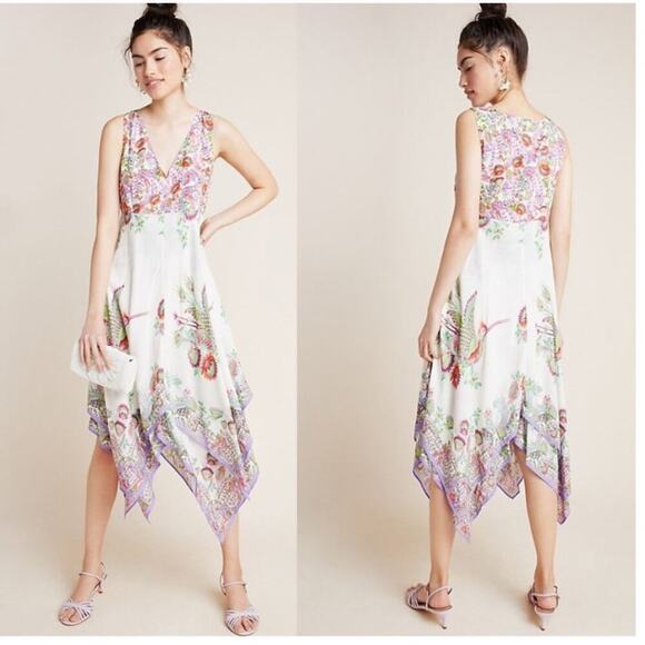 ANTHROPOLOGIE Analise Floral Bird Handkerchief Sleeveless Midi Dress, Size 12 - Picture 1 of 16